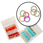 Tabletop show of two plastic baggies and inset of orthodontic rubber bands